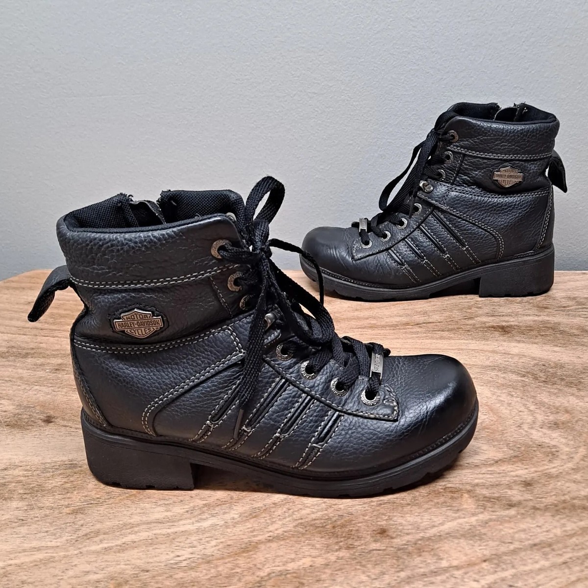 Harley Davidson Womens 8.5 Black Leather Lace-Up Side-Zip