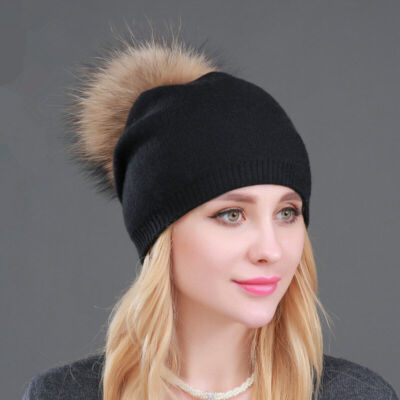 Womens Winter Warm Cashmere Wool Knitted Real Fur Pom Pom Ball Beanie Hat