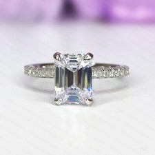 1.88Ctw Emerald Cut Moissanite Hidden Halo Engagement Ring 14K White Gold Plated