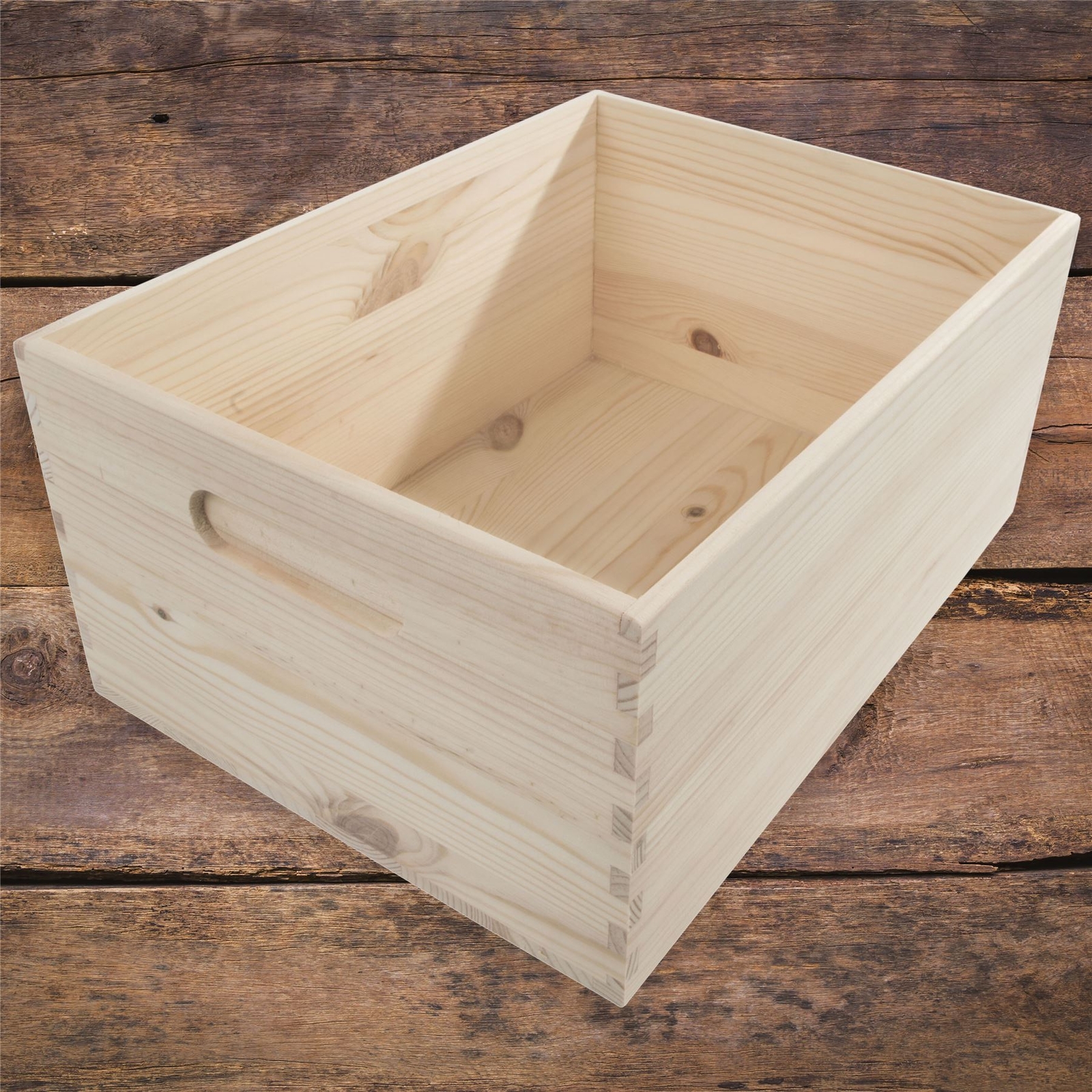 Large Unpainted Pine Wooden Storage Box With Handles Open Top Non-Lidded DIY