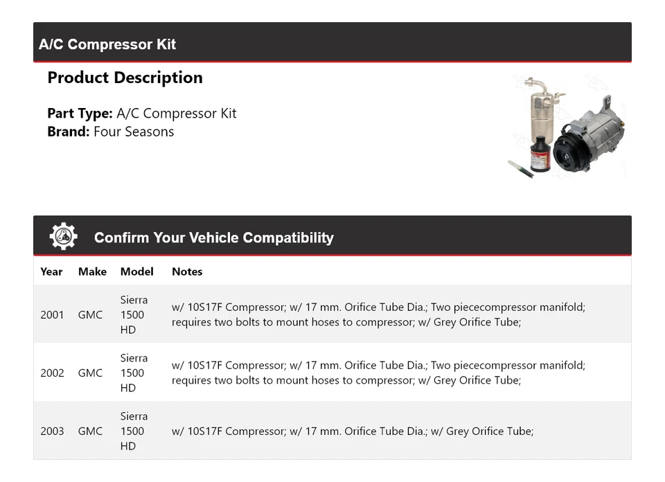 Kit compresor aire acondicionado GMC Sierra 1500 HD 2001-2003 4 estaciones 2002 Foto 2 de 4