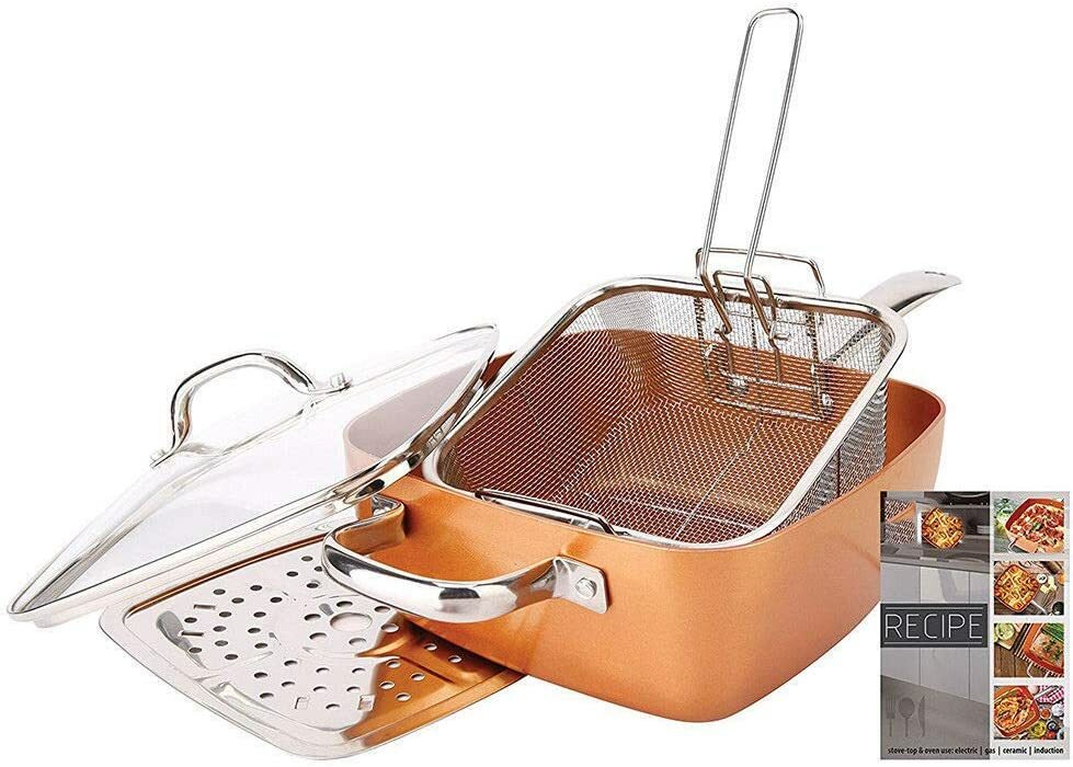 5 Stück Kupfer Beschichtet Induktion Boden Quadrat Pfanne Set, Kasserolle 9,5" + Glasdeckel