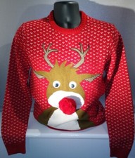 Christmas Jumper S Reindeer Boggly Eyes Pom-pom Nose Sweater pullover. Size S