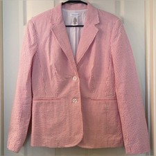 (B5) Isaac Mizrahi Pink White Striped Preppy Classic Seersucker Blazer S