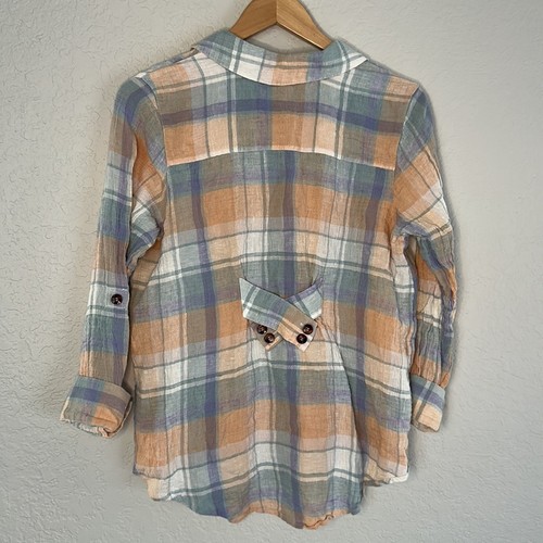 Soft Surroundings Linen Plaid Button Up Shirt Blue Pastel Gauzy Rainbow Summer - Picture 2 of 7