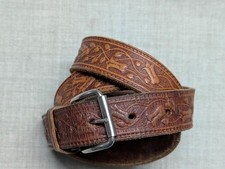 vintage TOOLED buckle belt WESTERN handcrafted 34 brown COWHIDE leather RODEO