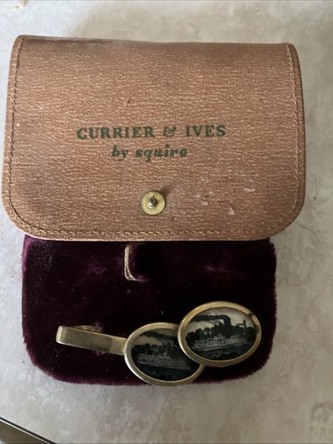 Vintage Currier&ives Leather Case With Vintage Matching Cuff link and Tie Clip