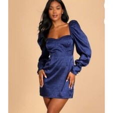 Lulus Dress Women's Size M Navy Blue Burst Into Bloom Satin Floral Jacquard Mini