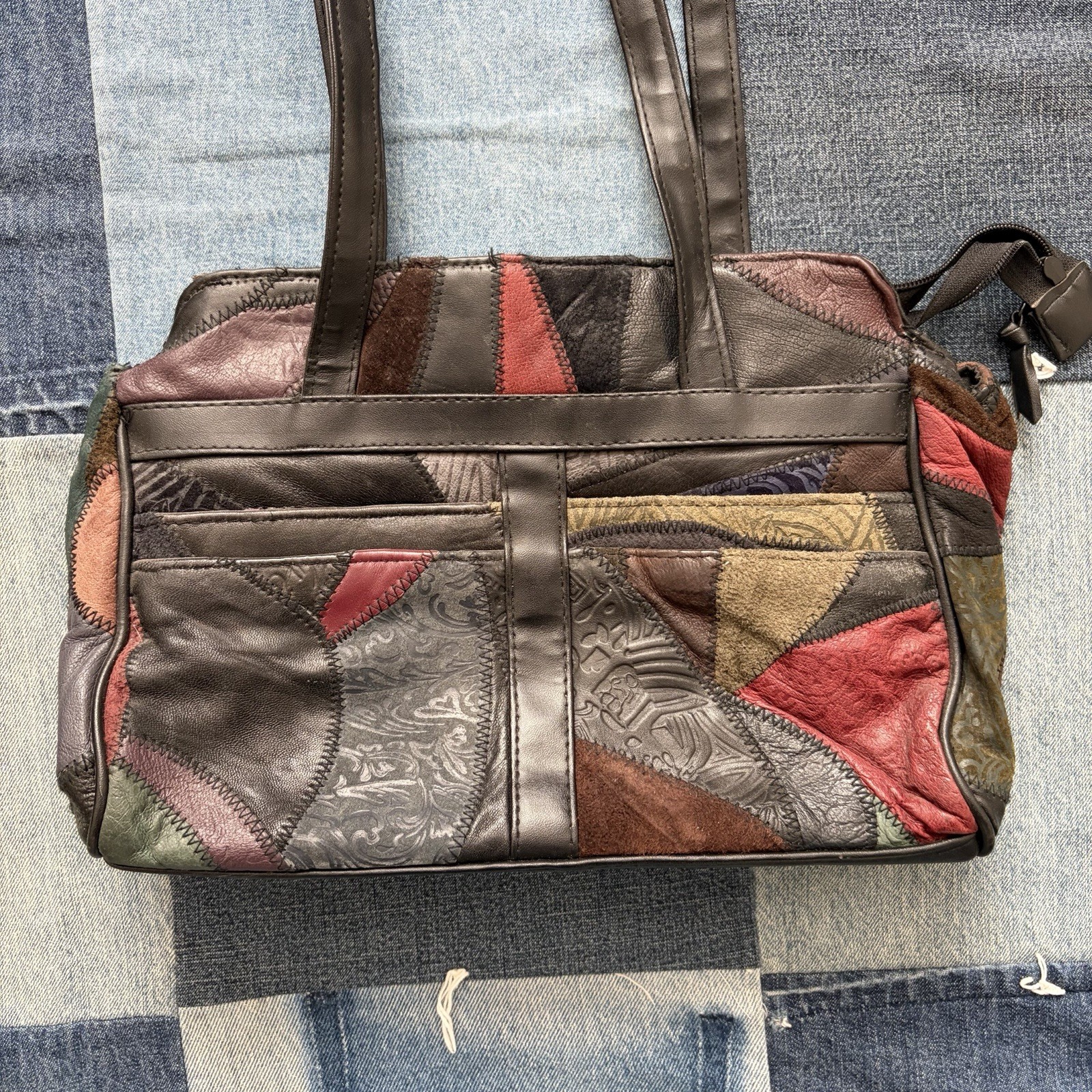 patchwork leather vintage shoulder bag jewel tone… - image 3