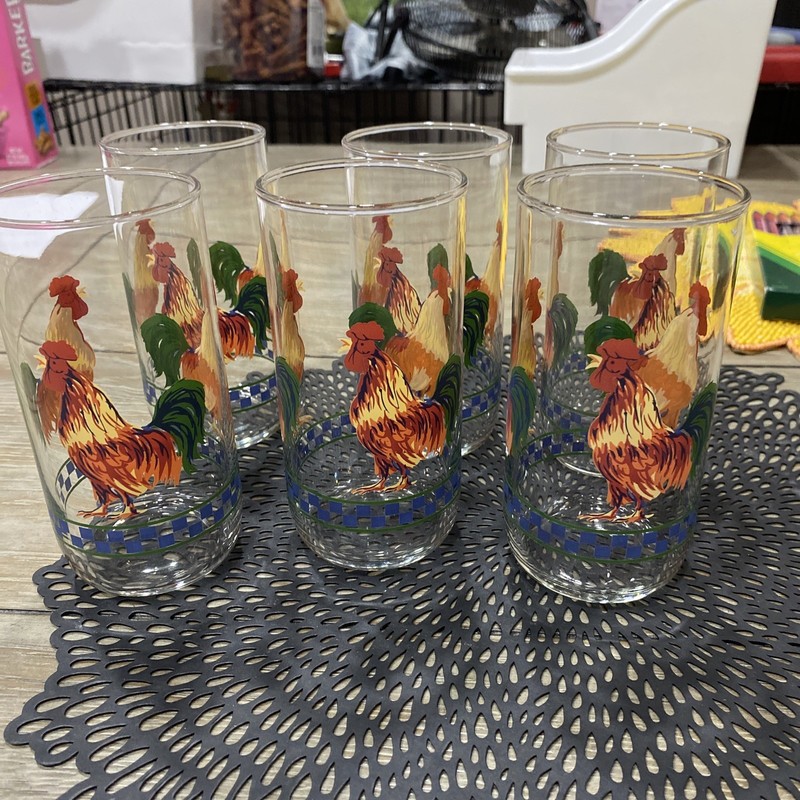6 Vintage  Ella's Rooster/Chicken Pristine Glass 12oz Libbey's Tumblers