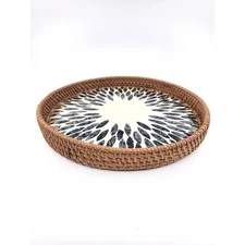 Handcrafted Vietnamese Round Serving Rattan Tray with Mother of Pearl Inlay