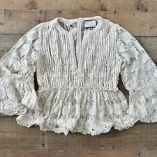 ALEXIS Lace and Pearl Beaded Bell Sleeve Top Cream X-SMALL