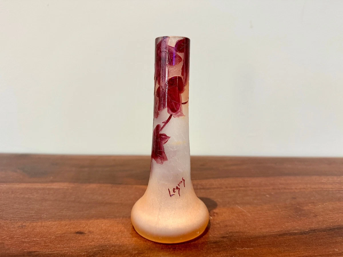 Vase Art Déco Legras – Verre Rose Émaillé – Cœurs De Marie Et Fleurs – 35cm