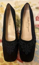 SALVATORE FERRAGAMO Vintage Black Suede Soutache Square Toe Block Heels - Size 8