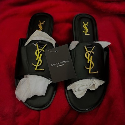 Saint Laurent Black Gold YSL Logo Leather Slide Sandals Women US 8