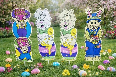Vintage Easter Bunny Yard Art Lawn Decorations Plastic Outdoor Lot of 4 1990s