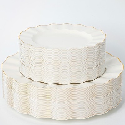 HIGH END 100 Pcs Ivory Wave Plastic Plates with Gold Trim, Fancy Disposable
