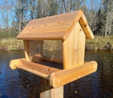 14 Inch Post Mount Cedar Wood Bird Feeder With Screen Bottom