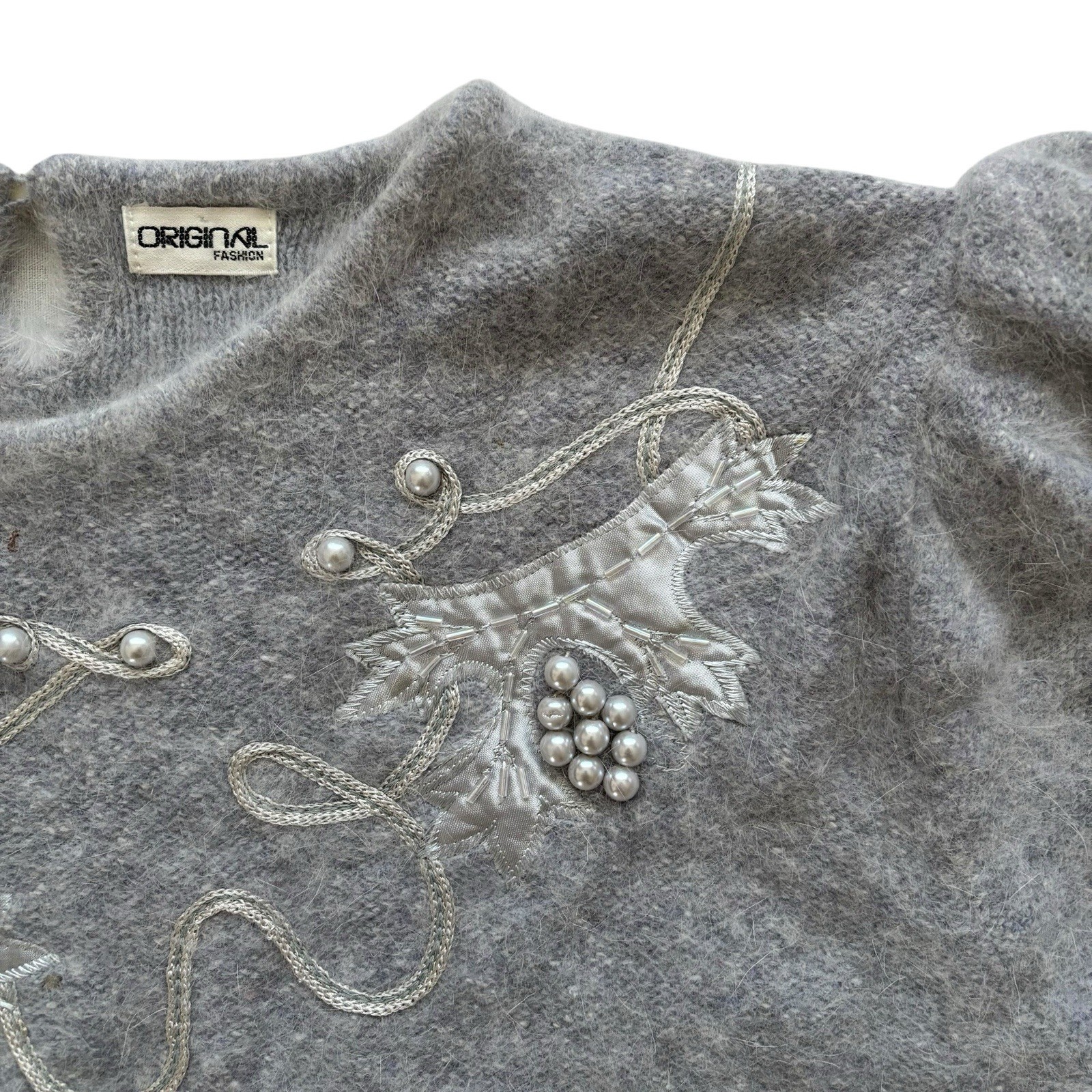 Womens Vintage Grey Wool Jumper Fabric Bead Applique Retro Indie Boho 12 image 3