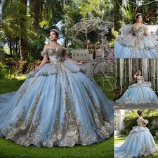 Luxury Gold Applique Quinceanera Dresses with Bow Layered Gitter Tulle Ball Gown