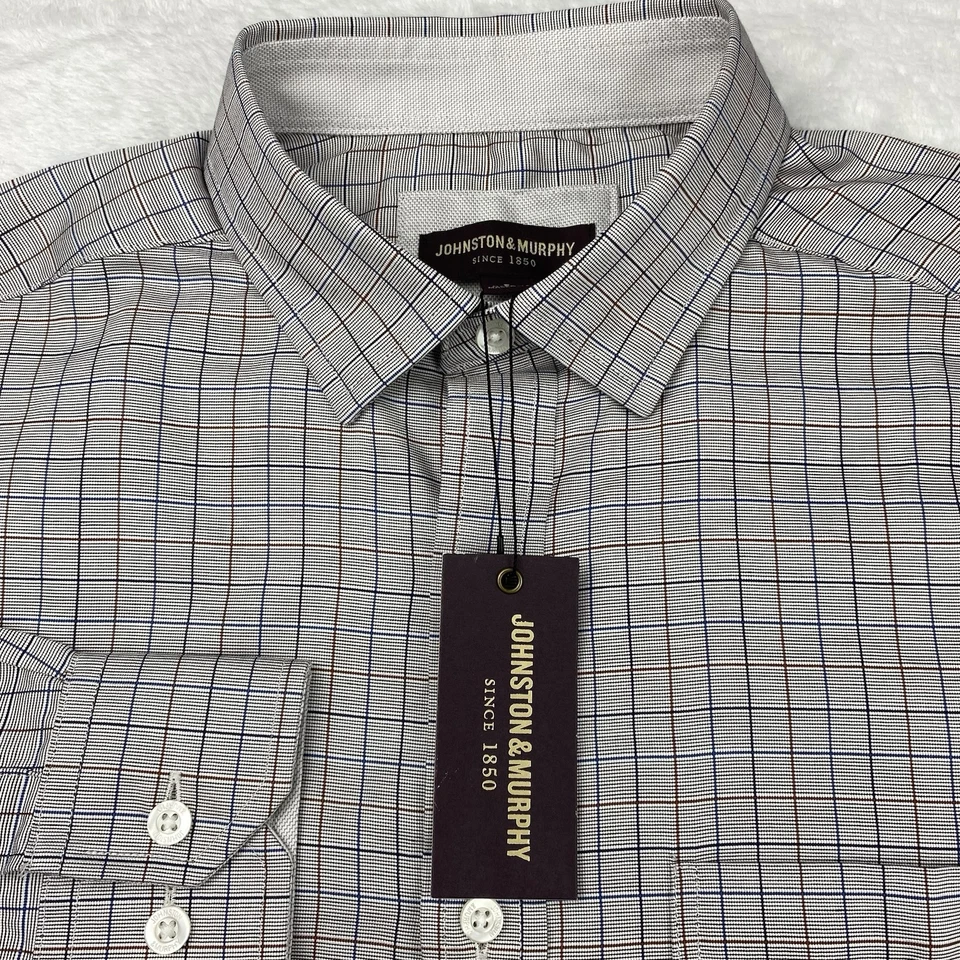 Camisa de vestir Johnston & Murphy para hombre pequeña gris con cuadros marrón-azul marino ¡NUEVA CON ETIQUETAS! Foto 2 de 4