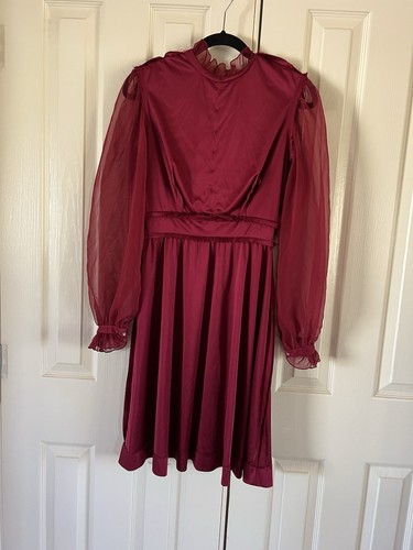 De Colección Años 70 80 Gasa Transparente Manga Larga Rojo Cuello Alto Hasta la Rodilla Pequeña Unión Hecho - Imagen 11 de 14