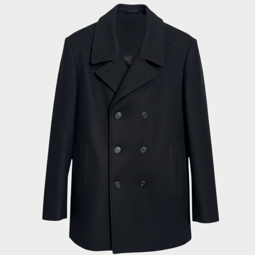 DKNY Peacoat Mens 42L Black Double Breasted Coat Overcoat Wool Blend NWOT