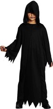 KINDER SENSENMANN KOSTÜM / Halloween Karneval Schwarze Robe mit Kapuze Gr.128