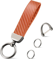 Leather Keychain, Carbon Fiber Car Key Chain with Anti-Lost D-Ring and 2 Key Rin