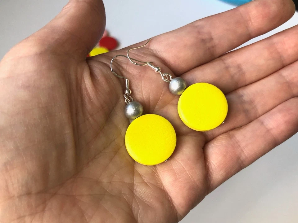 Wooden Earrings. Red, Yellow, Dark Green, Pink.  Disc Beads. Retro Uk Handmade - Image 3 of 4