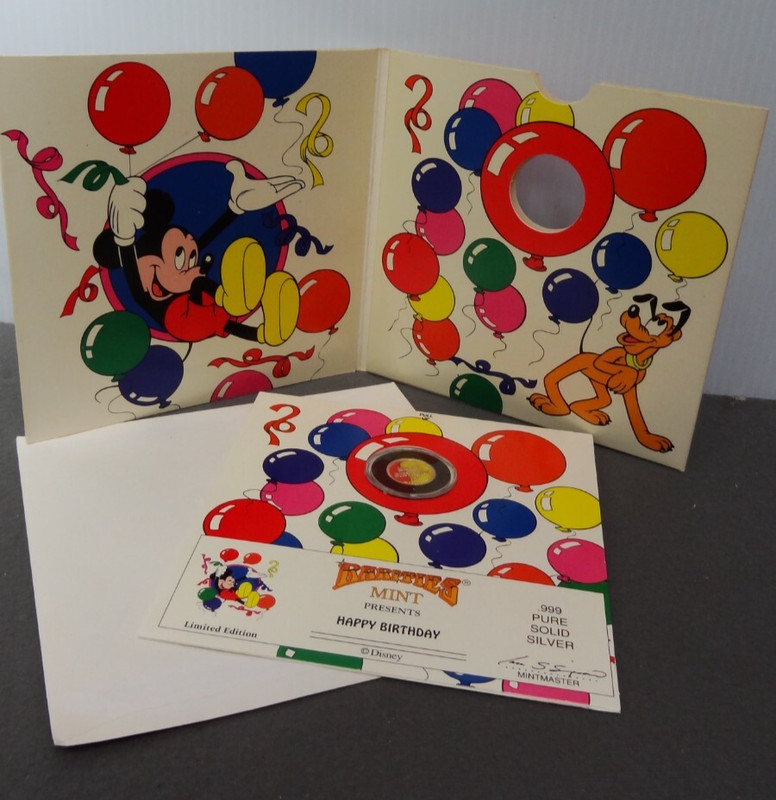 Disney Mickey Mouse Minnie Pluto Birthday Card 1/10 Troy Oz SILVER COIN Mint New