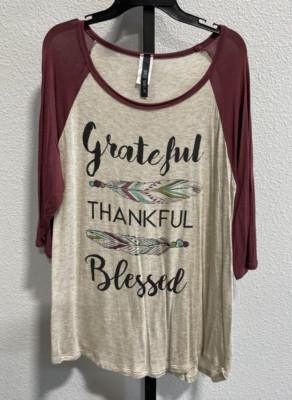 Lovely Souls Womens Grateful Thankful Blessed Feather 3/4 Sleeve Shirt Sz L