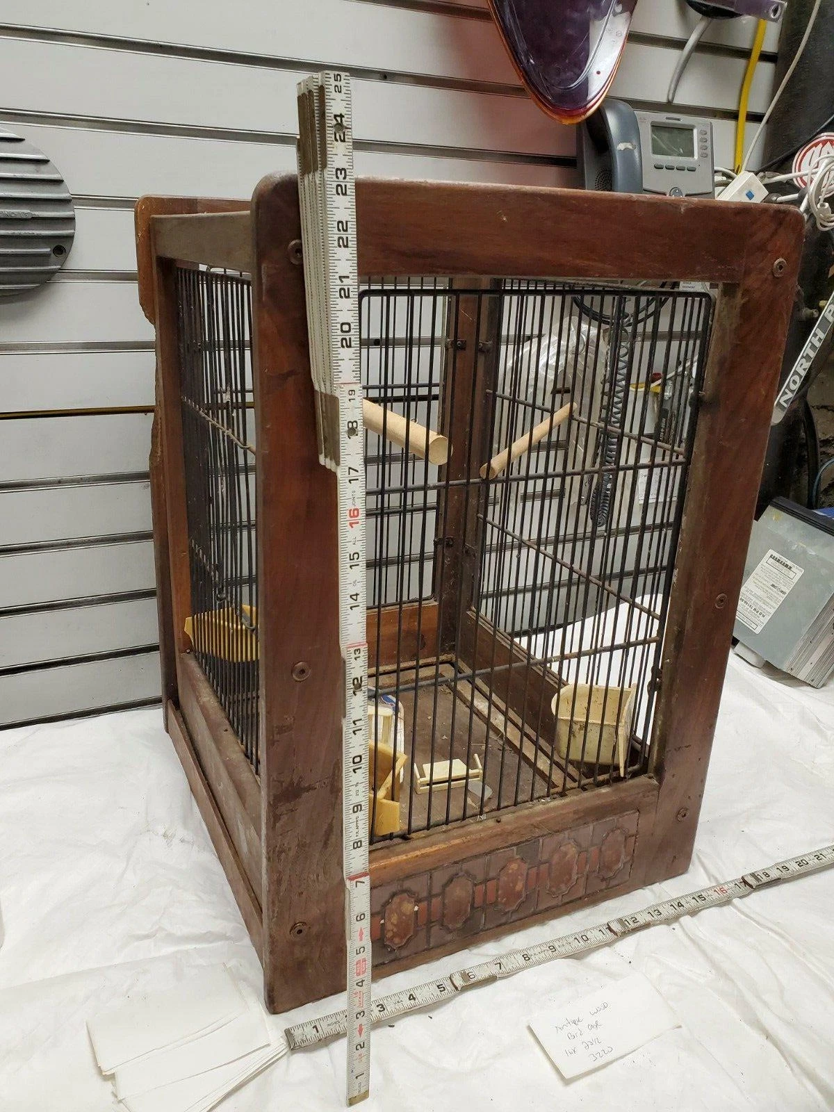 Antique Bird Cage Wooden Primitive Folk Swing Feeder Bath ceramic Inserts 23x16x