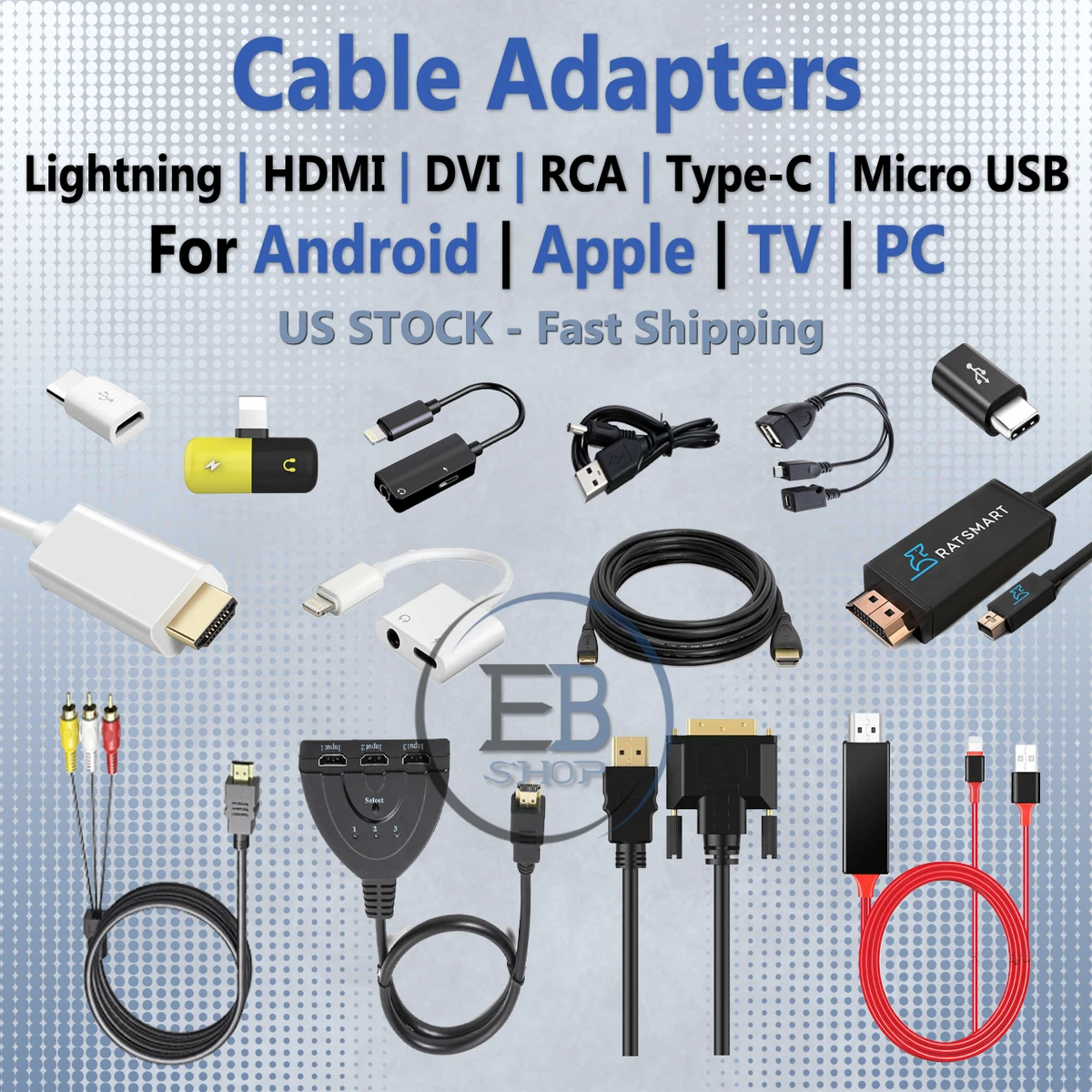 USB Adapters Micro USB USBC DP HDMI AUX Cable RCA lot TV Home ALL TYPES