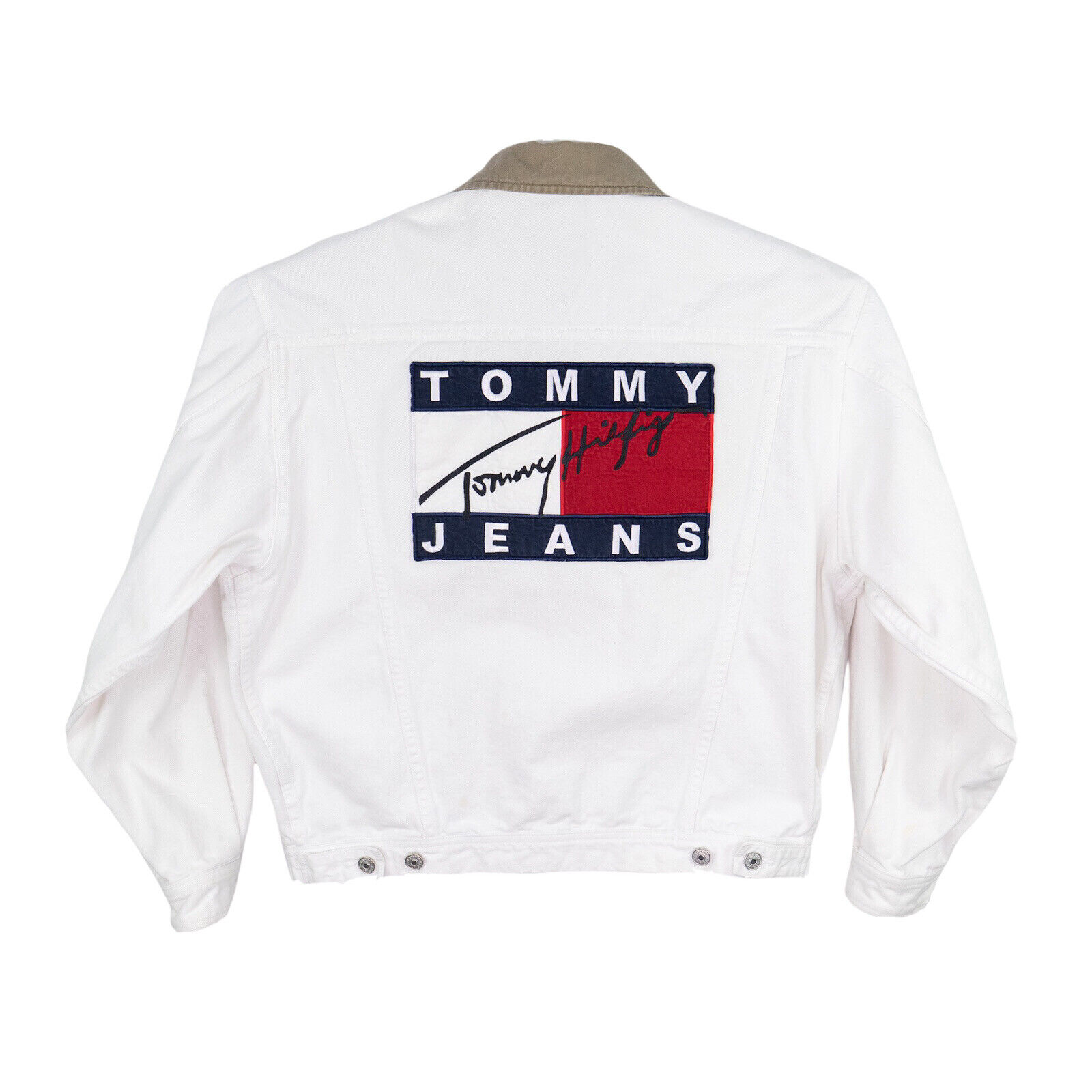 Termisk for eksempel Orientalsk Vintage Tommy Hilfiger Big Patch Flag White Wash Denim Jean Jacket Mens  Medium | eBay