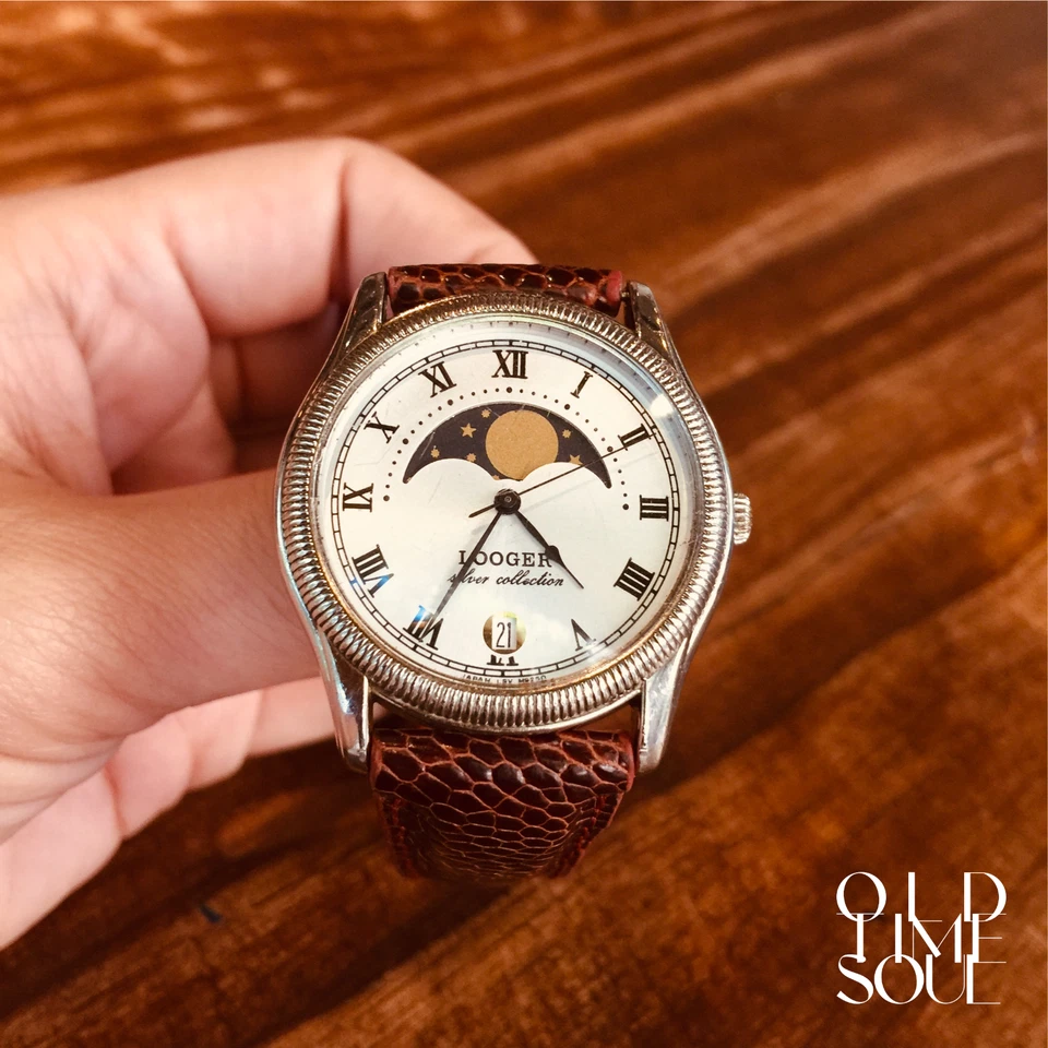 Винтажные кварцевые часы унисекс MOONPHASE LOOGER страусиная кожа *восстановленные - Изображение 4 из 4