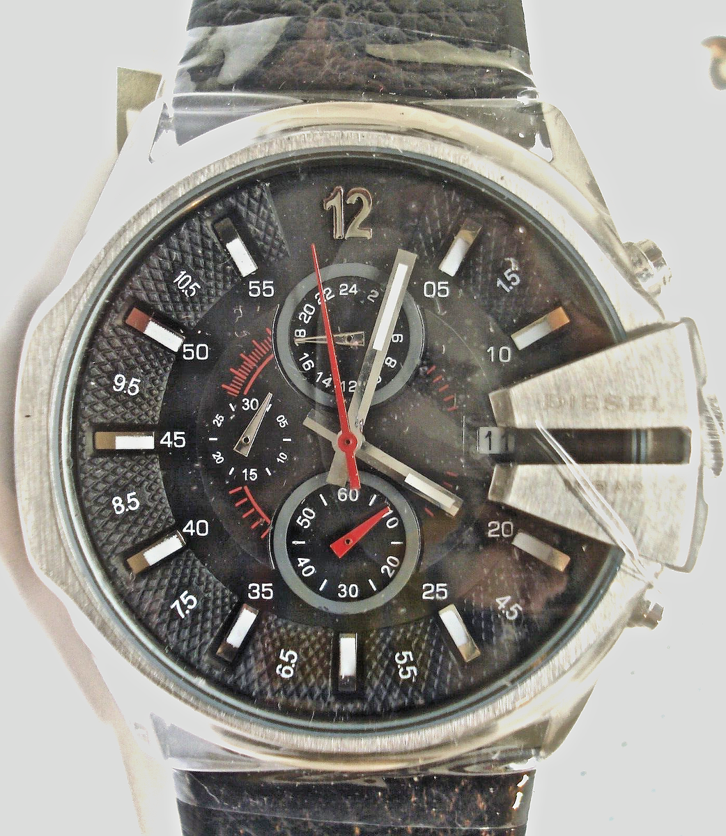 Men's Black Diesel Chronograph Leather Strap Watch DZ4182
