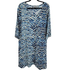 Soft Surroundings Coverup Dress L Blue Animal Tiger Striped Cotton 3/4 Sleeve