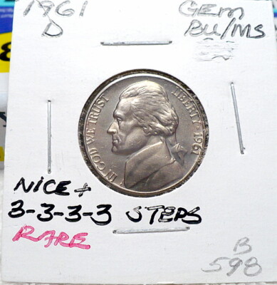 1961-D JEFFERSON NICKEL, GEM BU/MS 3-3-3-3 STEPS-RARE, NICE+ STRONG STRIKE, B598