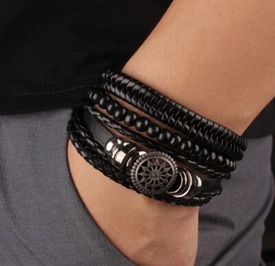 VTG Leather Braid Wrap Set 4Pcs/ Set Braided Wrap Leather Bracelets for Men Vintage  main image 3