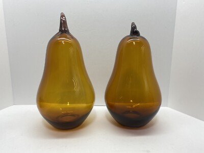 Vintage Hand Blown Glass Fruit Amber Pear Large 12” & 13” Made In ...