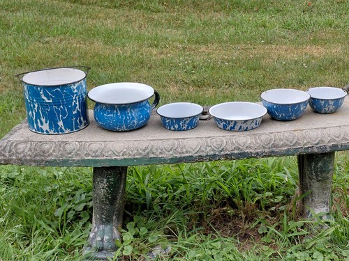 6 Antique Pieces Swirl Blue and White Graniteware