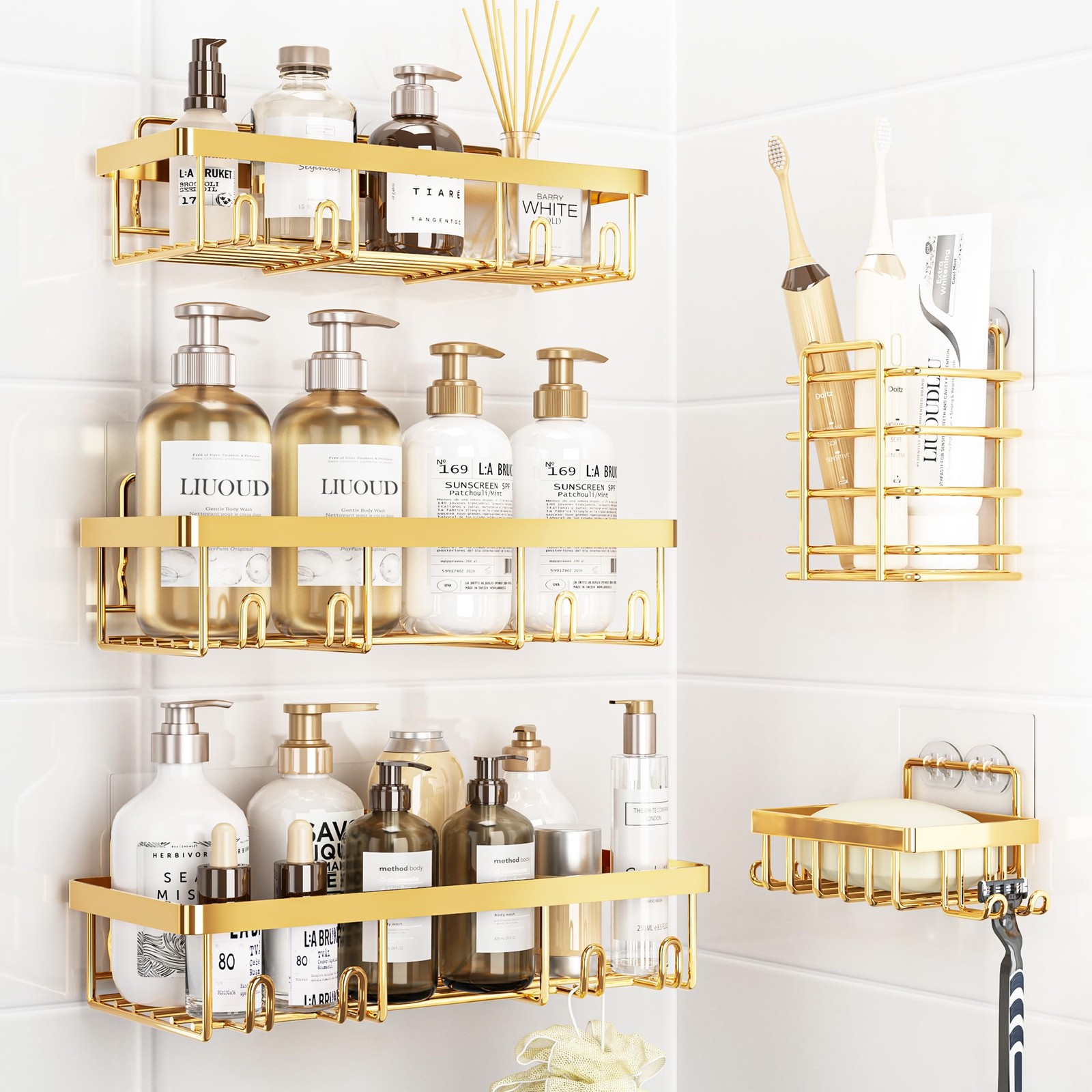 5 Pack Shower Caddy Organizer Rack Shelf for Inside Shower, Self Adhesive Wal...