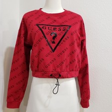 Guess Los Angeles Red All Over Logo Sequin Triangle Cropped Sweatshirt S