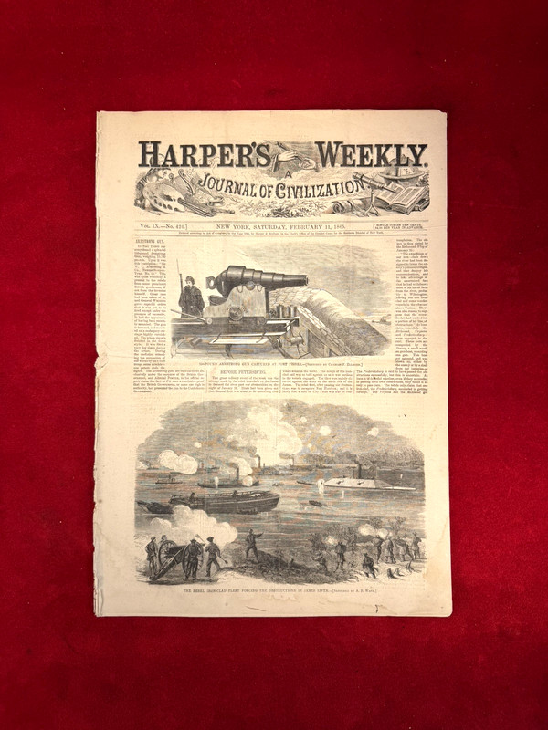 CIVIL WAR ERA 1865 HARPER'S WEEKLY NEWSPAPER / ARMSTRONG GUN CAPTURE FT. FISHER