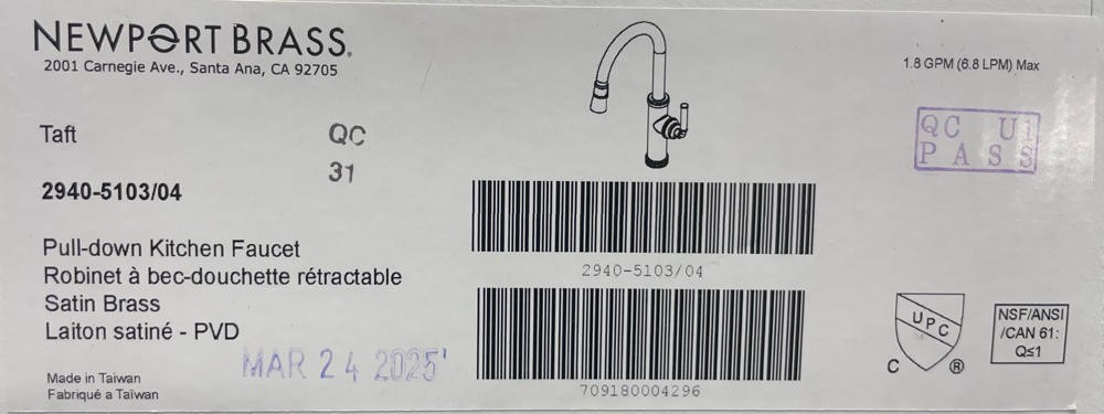 Newport Brass 2940-5103/0 Pull Down Kitchen Faucet,Satin Brass *READ*