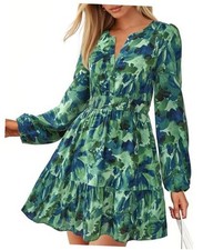Fall Dresses for Women 2025 Long Sleeve Elastic Waist Mini Small Flower Green