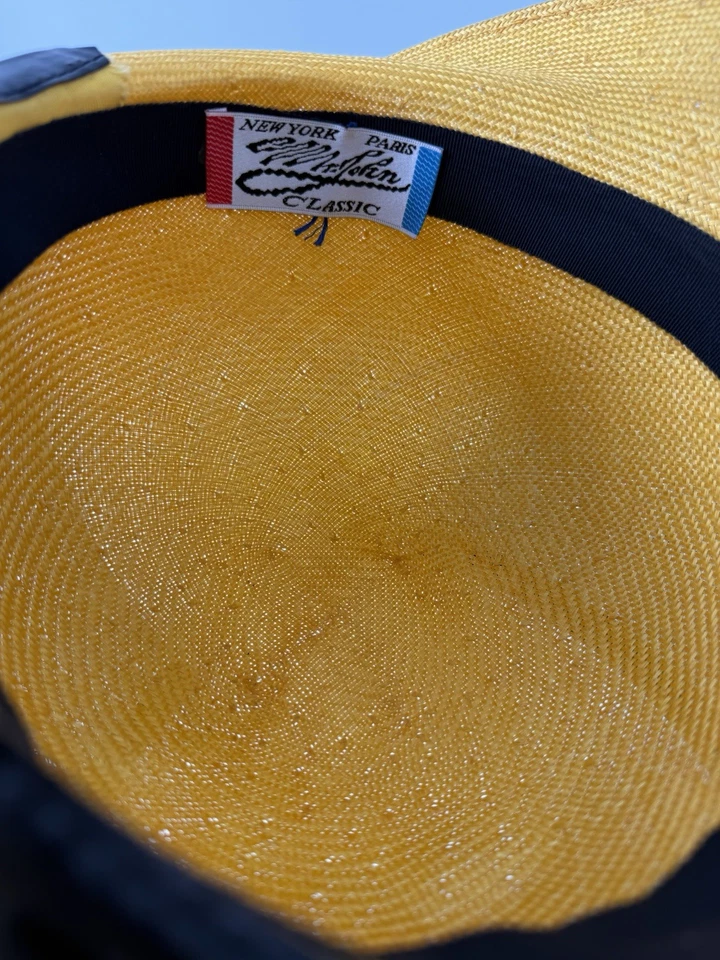 Unique Mr John Classic Yellow Straw Hat w/ Black Mesh Bow Mid Century Style  - Image 4 of 4