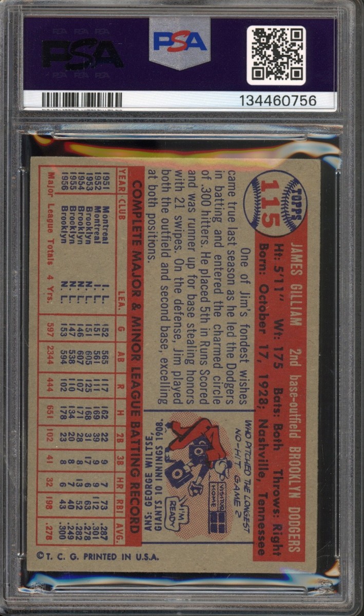 1957 Topps #115 Junior Jim Gilliam PSA 6 Vintage Baseball Card