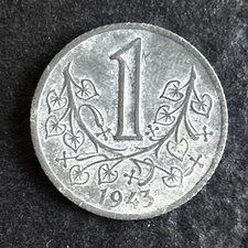 1943 1 Koruna Bohemia & Moravia Zinc Coin